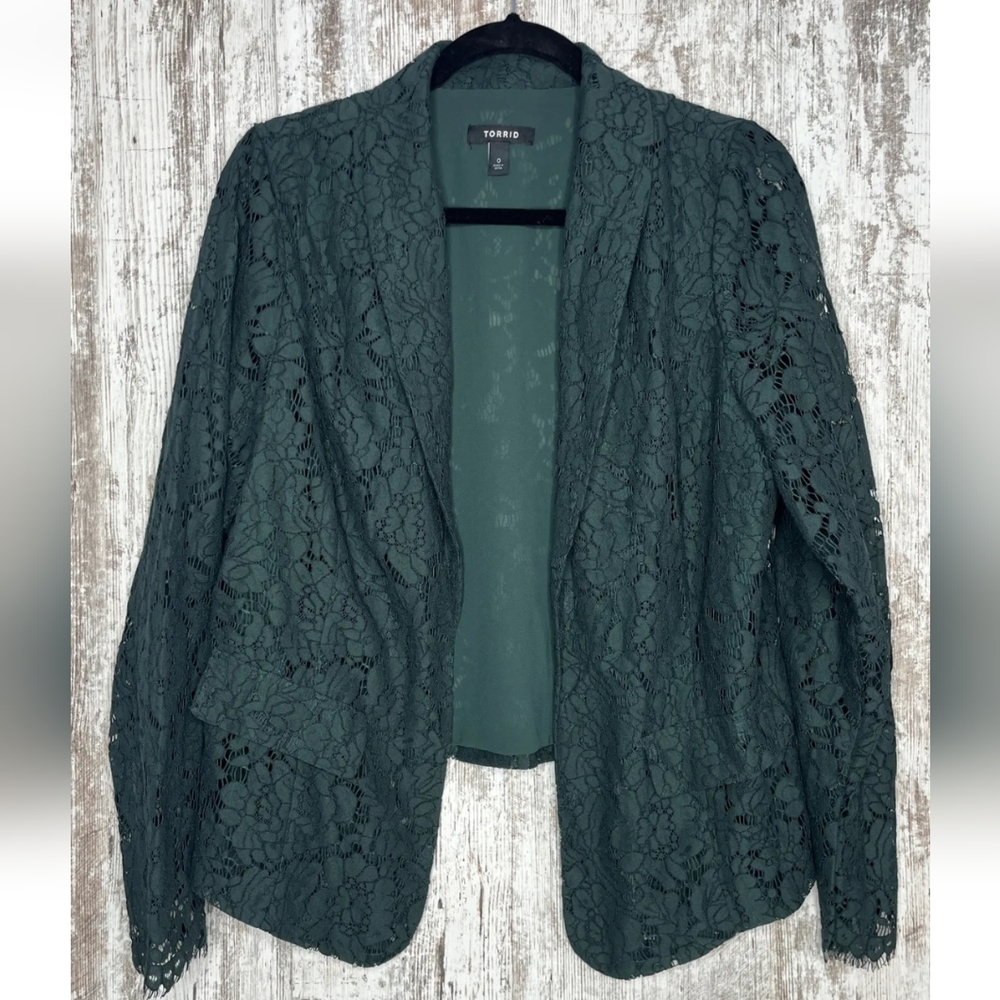 Torrid Dark Hunter Green Lace Blazer Jacket Open Front